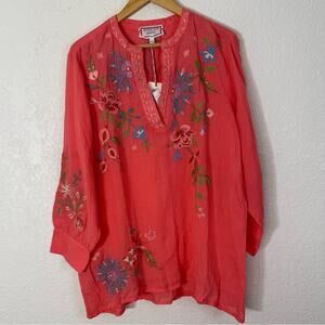 NWT Johnny Was Henley Voyager Tunic In Sugar Coral Floral Embroidered Boho